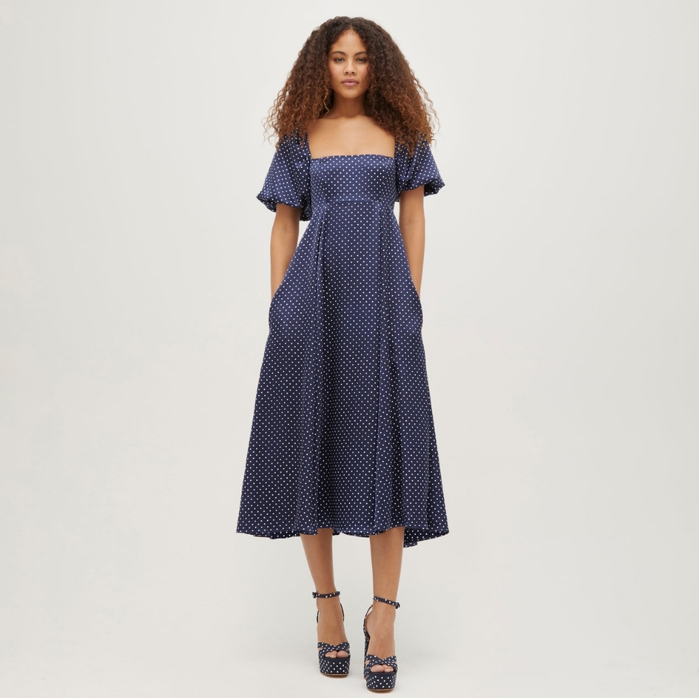 Hill House Matilda Dress - Navy Polka Dot Silky Satin